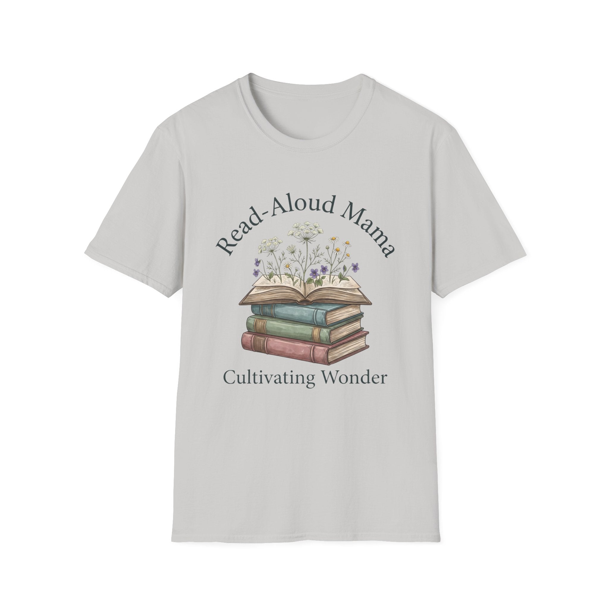Read Aloud Mama homeschool mom graphic t-shirt with a sweet read-aloud design with stacked books, florals, and gentle homeschool charm