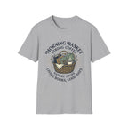 Morning Basket Strong Coffee homeschool mom graphic t-shirt with a cozy morning basket-inspired design with books, gentle details, and home learning charm