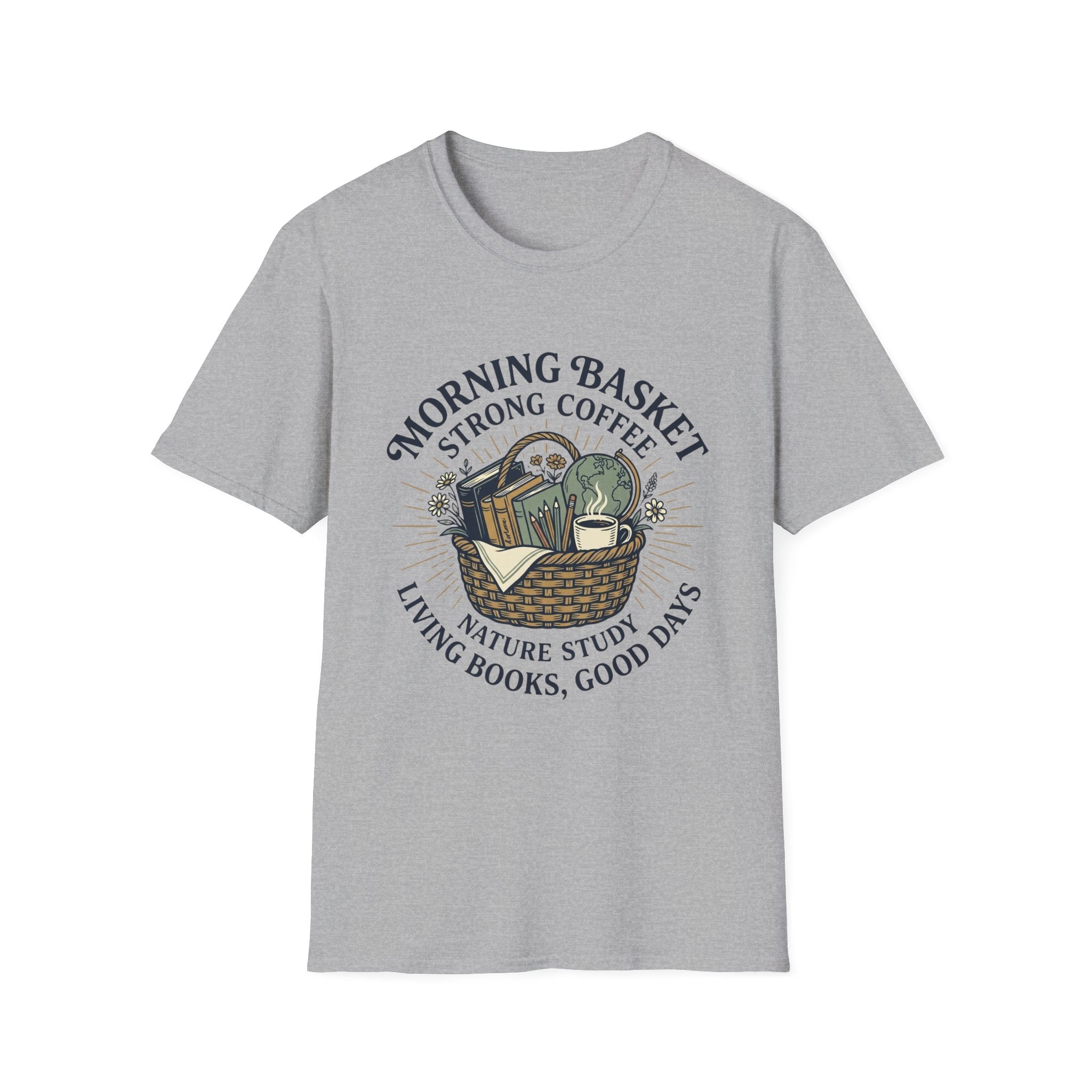 Morning Basket Strong Coffee homeschool mom graphic t-shirt with a cozy morning basket-inspired design with books, gentle details, and home learning charm
