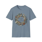 The World Is Our Classroom homeschool mom graphic t-shirt with an adventurous homeschool graphic with nature, books, and outdoor learning energy