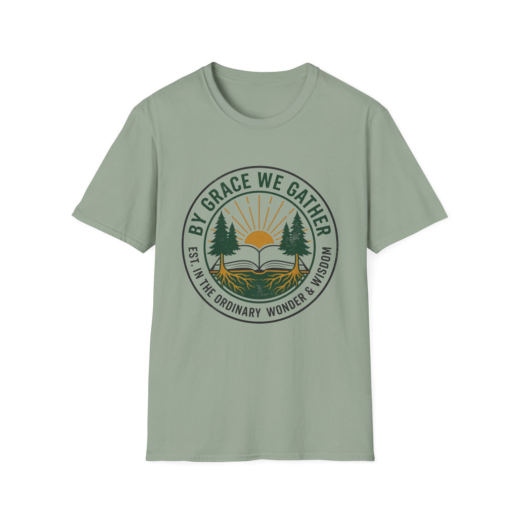 By Grace We Gather homeschool mom graphic t-shirt with a gathered-at-home inspired graphic with books, florals, and cozy family learning details