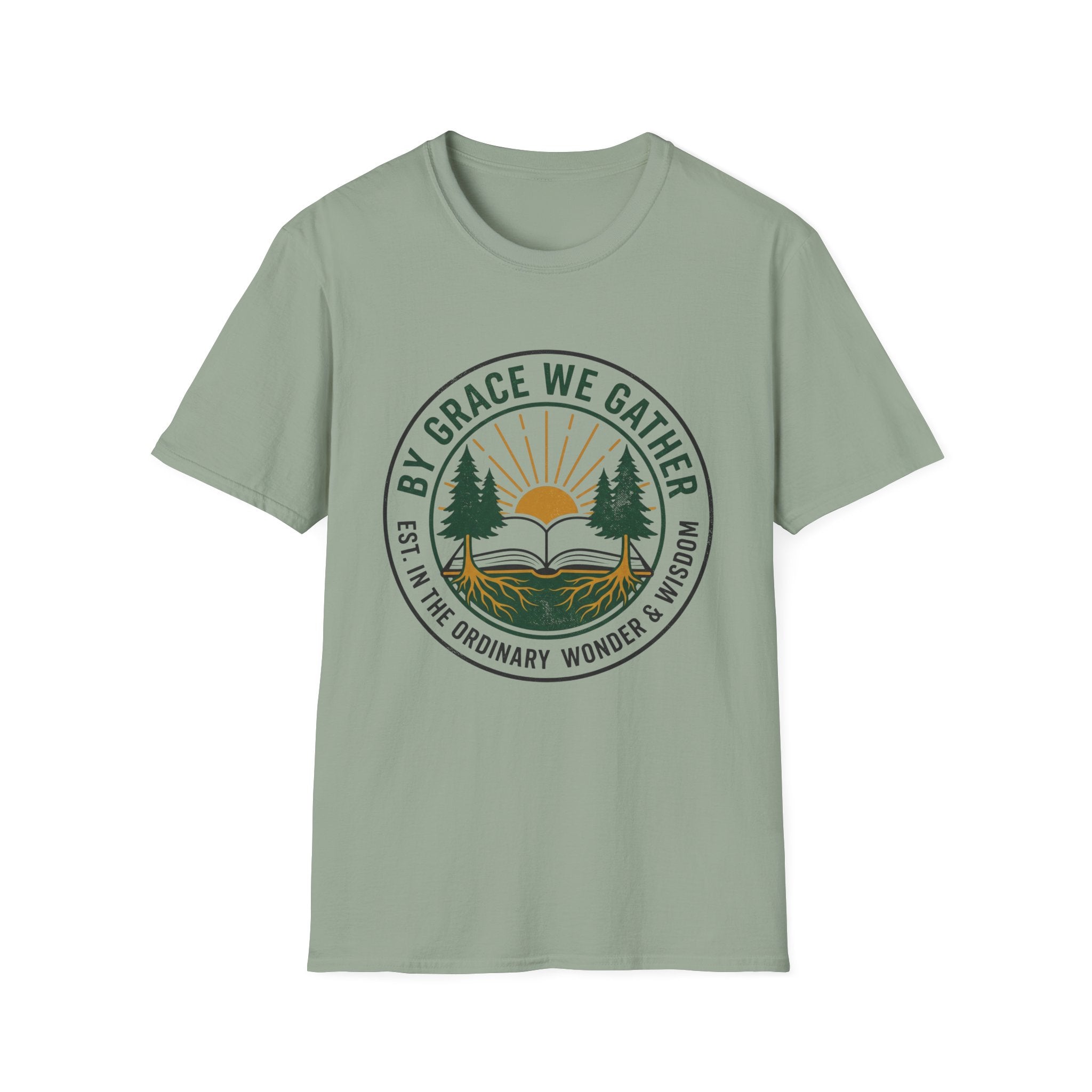 By Grace We Gather homeschool mom graphic t-shirt with a gathered-at-home inspired graphic with books, florals, and cozy family learning details