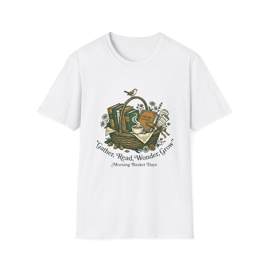 Gather, Read, Wonder, Grow homeschool mom graphic t-shirt with a gathered-at-home inspired graphic with books, florals, and cozy family learning details