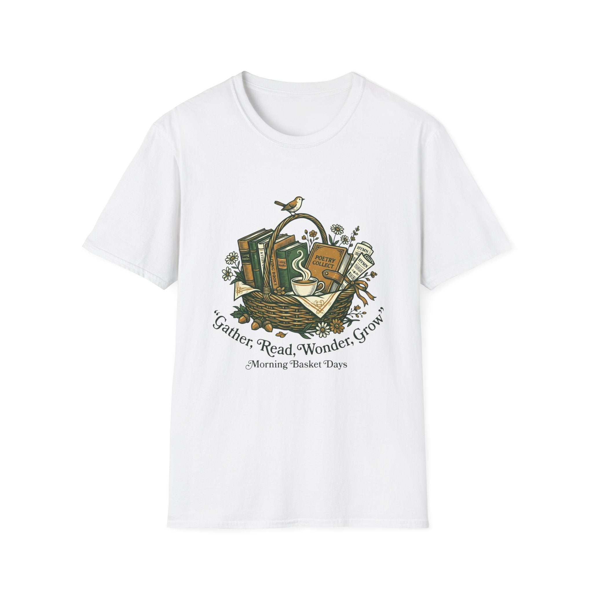 Gather, Read, Wonder, Grow homeschool mom graphic t-shirt with a gathered-at-home inspired graphic with books, florals, and cozy family learning details