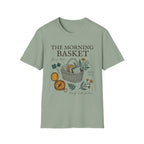 The Morning Basket homeschool mom graphic t-shirt with a cozy morning basket-inspired design with books, gentle details, and home learning charm