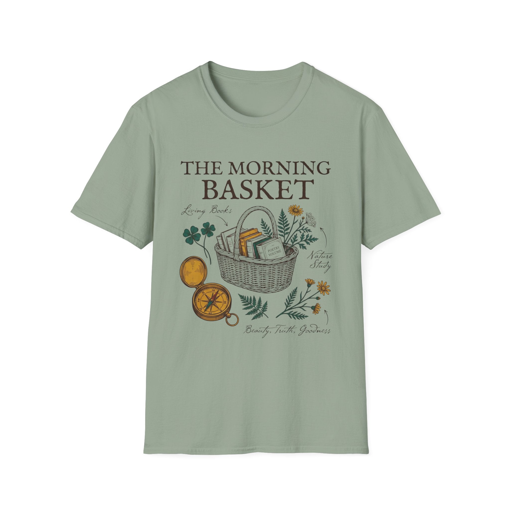 The Morning Basket homeschool mom graphic t-shirt with a cozy morning basket-inspired design with books, gentle details, and home learning charm