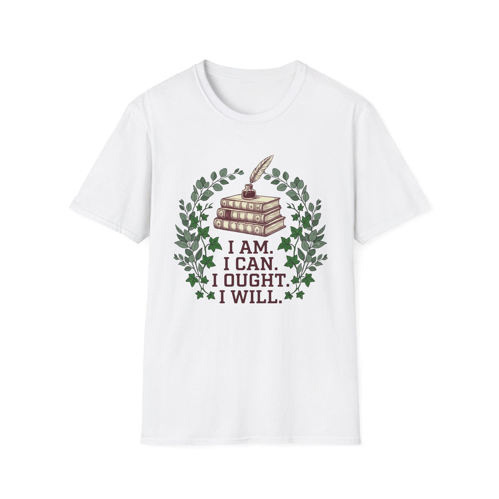 I Can I Am I Ought I Will homeschool mom graphic t-shirt with a Charlotte Mason-inspired design with nature details, bookish elements, and classic homeschool lettering