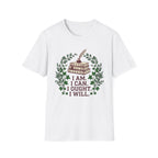 I Can I Am I Ought I Will homeschool mom graphic t-shirt with a Charlotte Mason-inspired design with nature details, bookish elements, and classic homeschool lettering