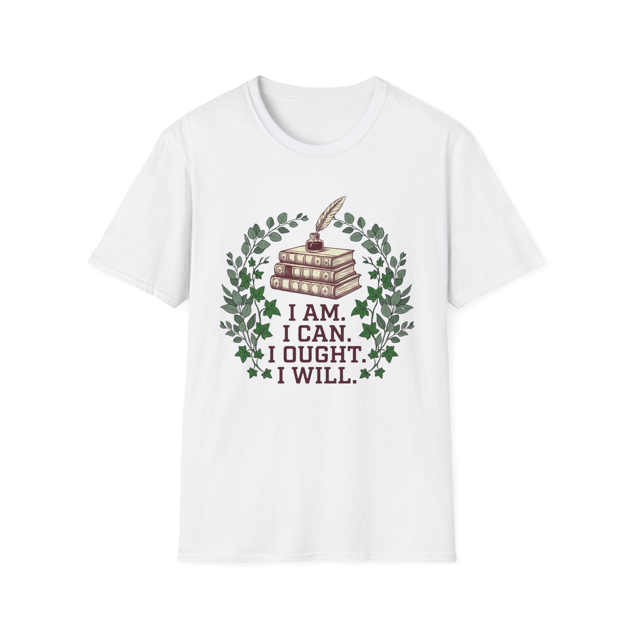 I Can I Am I Ought I Will homeschool mom graphic t-shirt with a Charlotte Mason-inspired design with nature details, bookish elements, and classic homeschool lettering