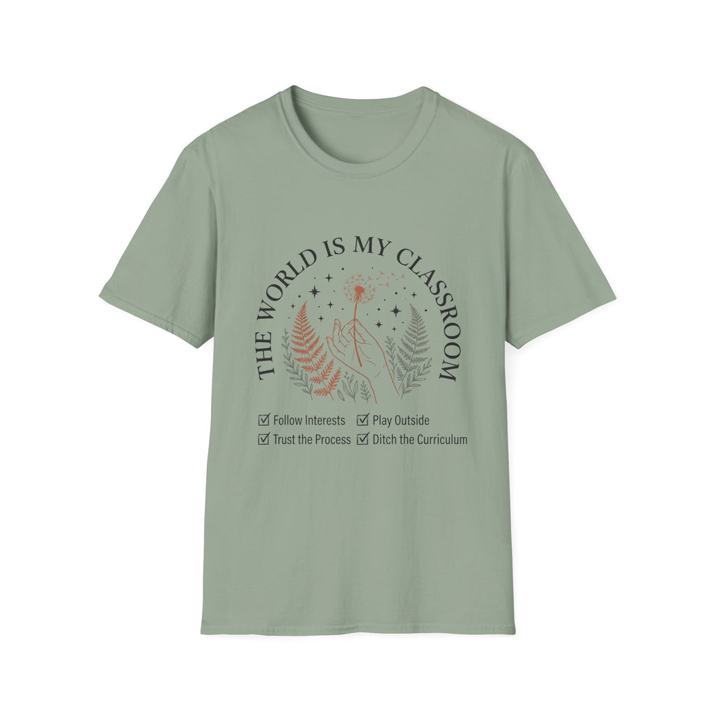 The World Is My Classroom homeschool mom graphic t-shirt with an adventurous homeschool graphic with nature, books, and outdoor learning energy