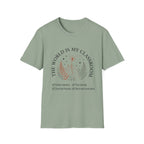The World Is My Classroom homeschool mom graphic t-shirt with an adventurous homeschool graphic with nature, books, and outdoor learning energy