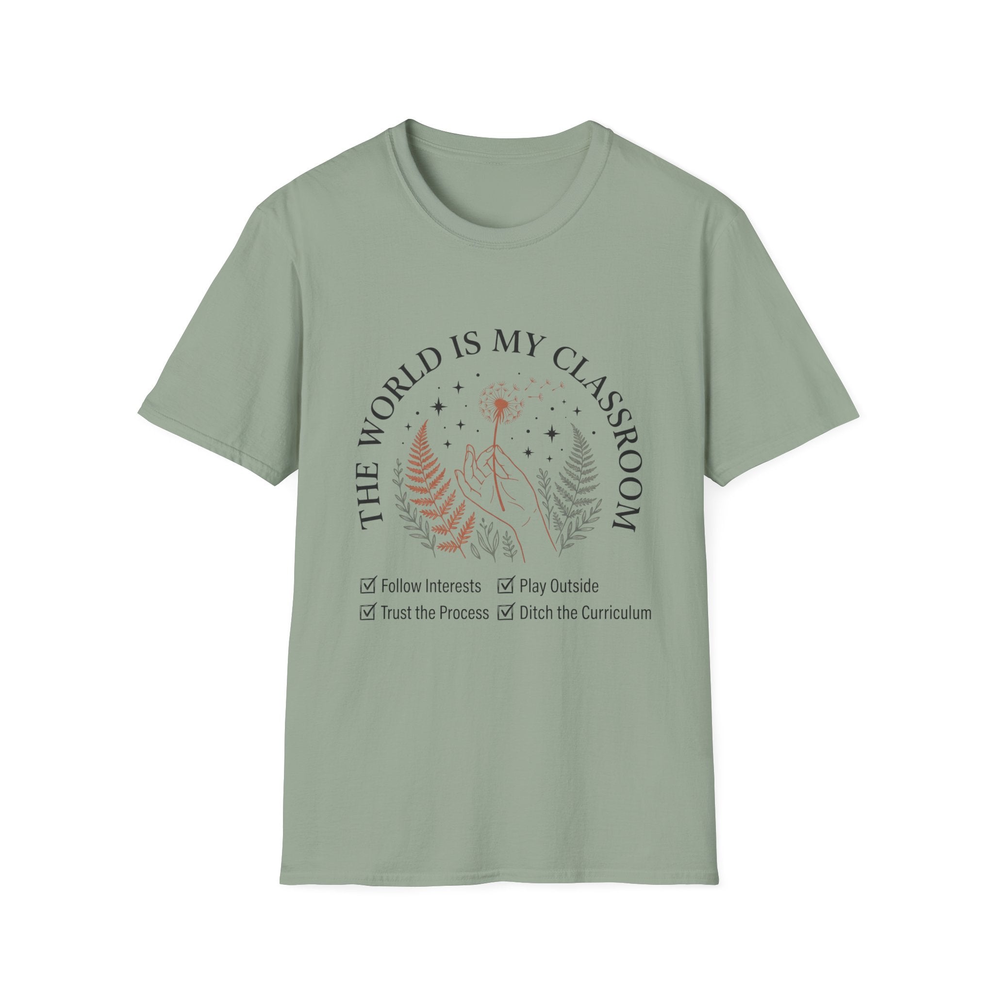 The World Is My Classroom homeschool mom graphic t-shirt with an adventurous homeschool graphic with nature, books, and outdoor learning energy