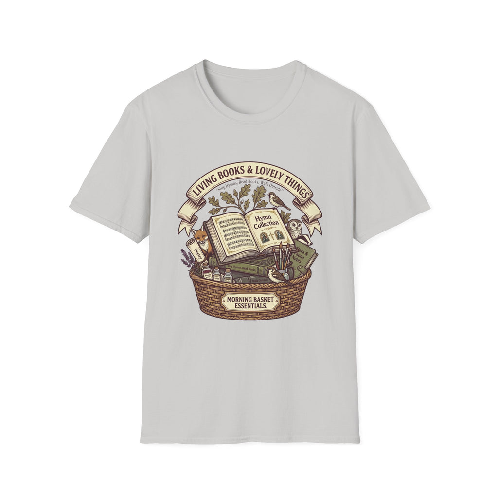 Living Books & Lovely Things homeschool mom graphic t-shirt with a Charlotte Mason-inspired design with books, nature details, and vintage homeschool charm