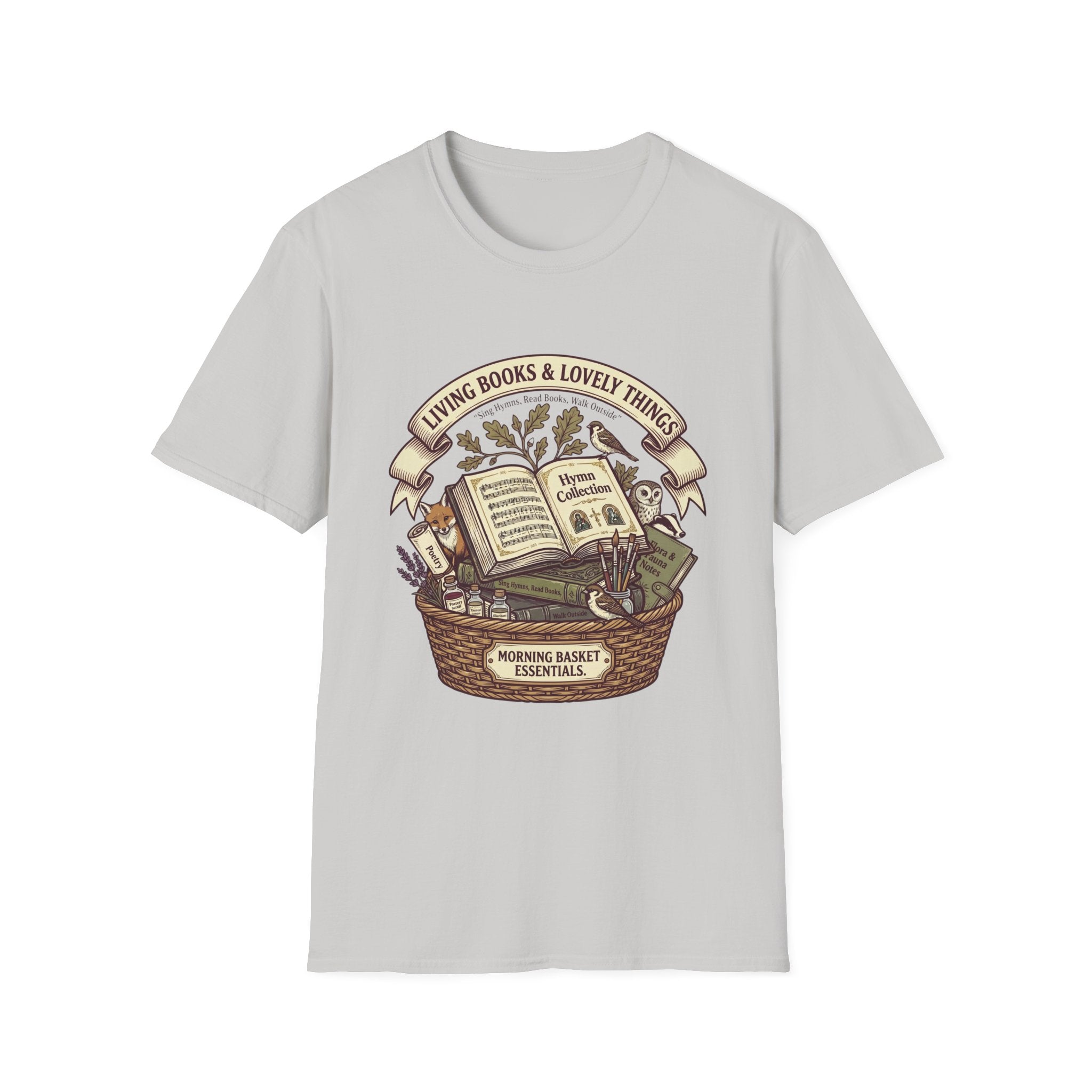 Living Books & Lovely Things homeschool mom graphic t-shirt with a Charlotte Mason-inspired design with books, nature details, and vintage homeschool charm