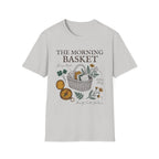 The Morning Basket homeschool mom graphic t-shirt with a cozy morning basket-inspired design with books, gentle details, and home learning charm