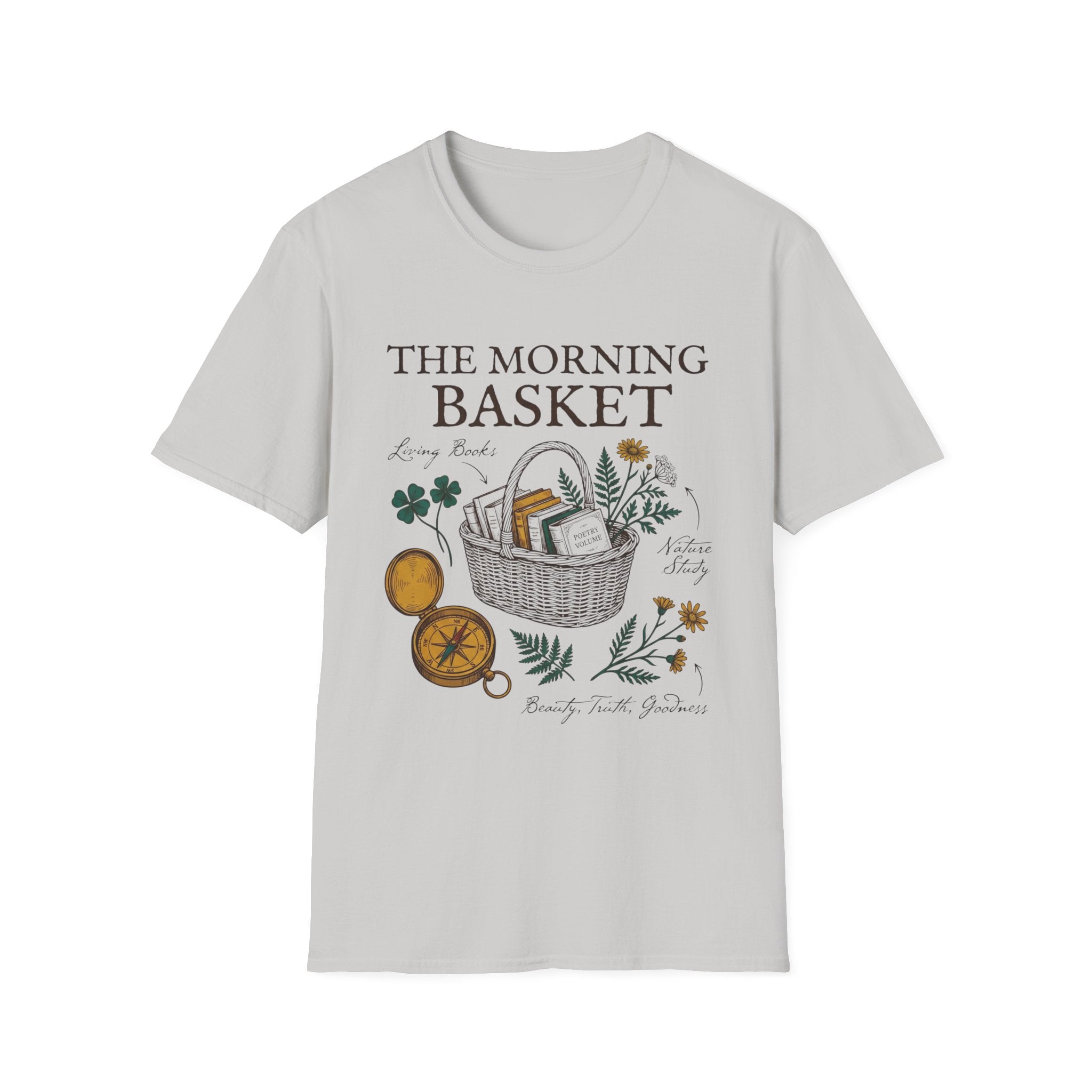The Morning Basket homeschool mom graphic t-shirt with a cozy morning basket-inspired design with books, gentle details, and home learning charm