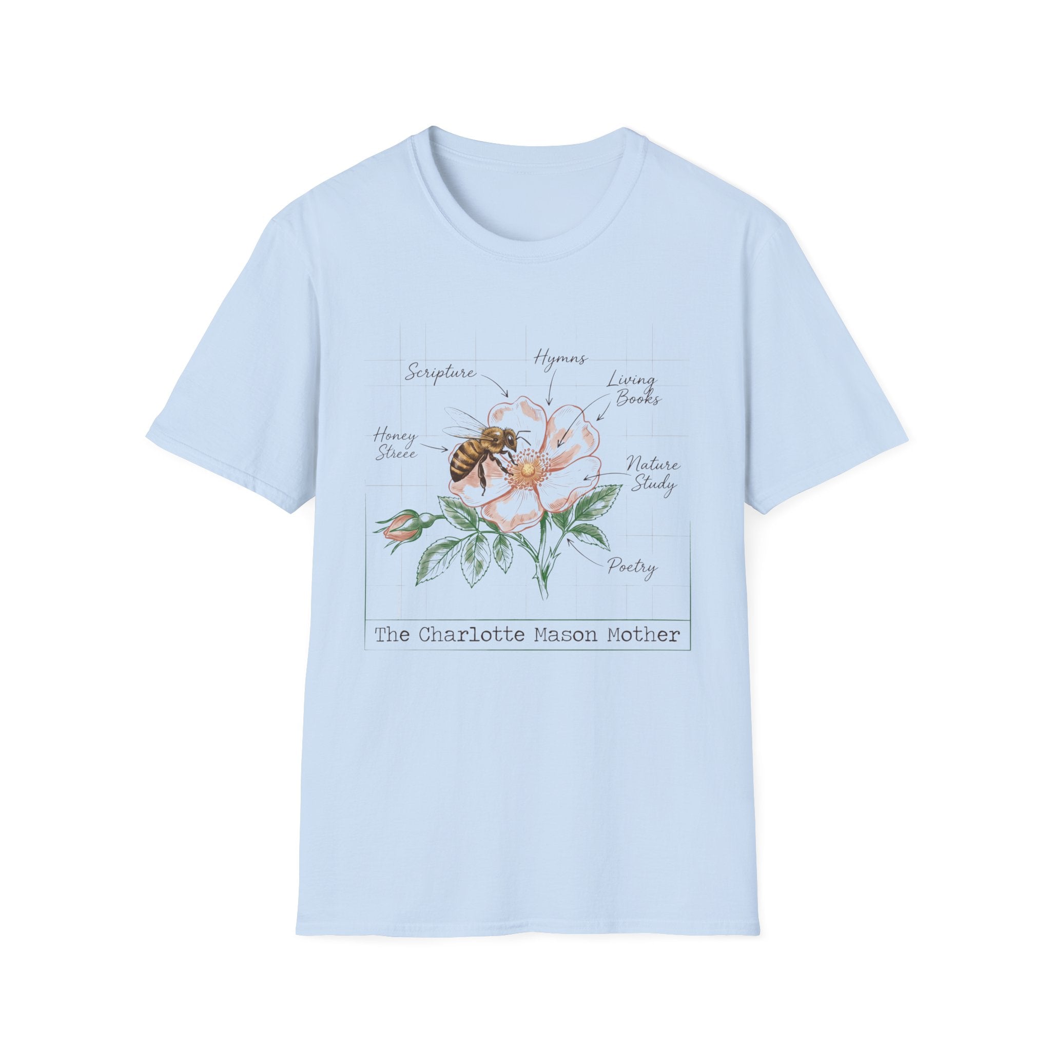 Mason Mother homeschool mom graphic t-shirt with a Charlotte Mason-inspired design with books, nature details, and vintage homeschool charm