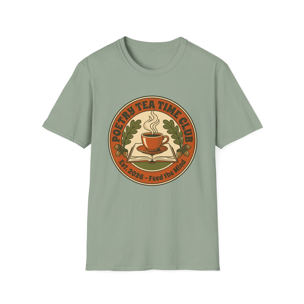 Poetry Tea Time Club homeschool mom graphic t-shirt with a cozy poetry teatime graphic with tea, books, and vintage homeschool charm