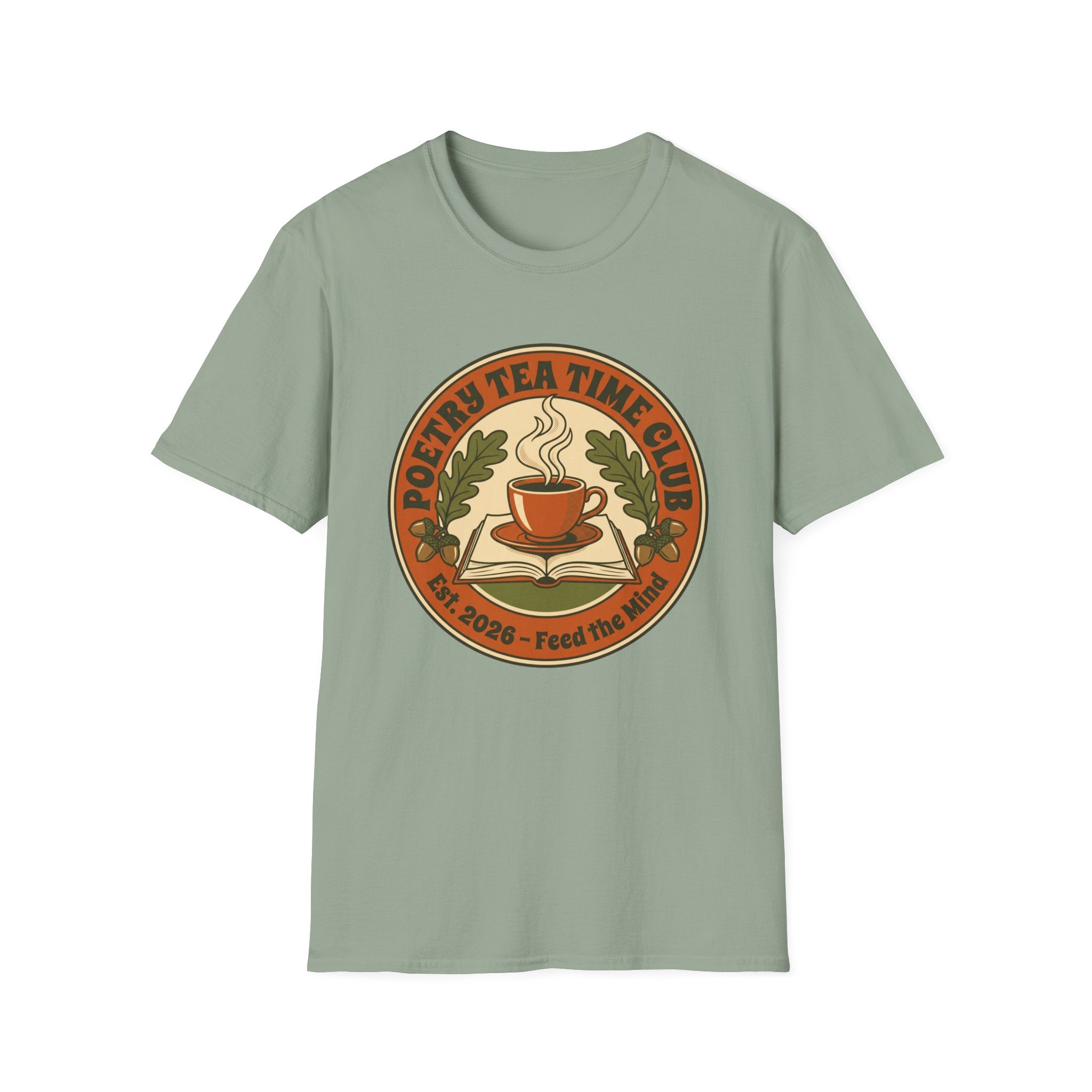 Poetry Tea Time Club homeschool mom graphic t-shirt with a cozy poetry teatime graphic with tea, books, and vintage homeschool charm