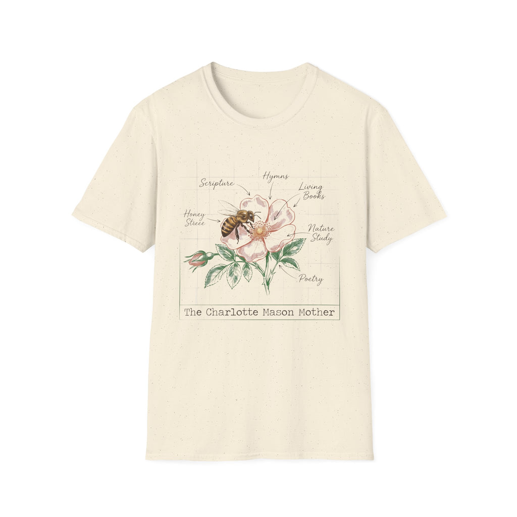 Mason Mother homeschool mom graphic t-shirt with a Charlotte Mason-inspired design with books, nature details, and vintage homeschool charm