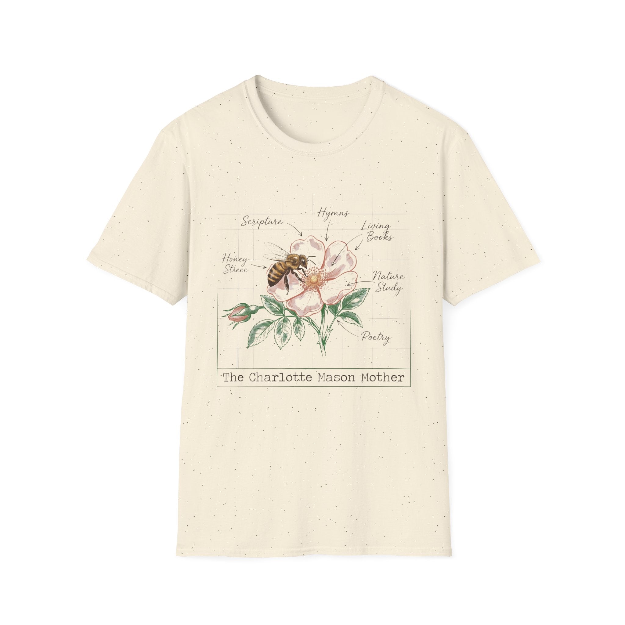 Mason Mother homeschool mom graphic t-shirt with a Charlotte Mason-inspired design with books, nature details, and vintage homeschool charm