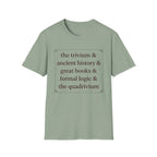 Trivium Check List homeschool mom graphic t-shirt with a playful checklist-style homeschool graphic with bookish and nature-inspired details