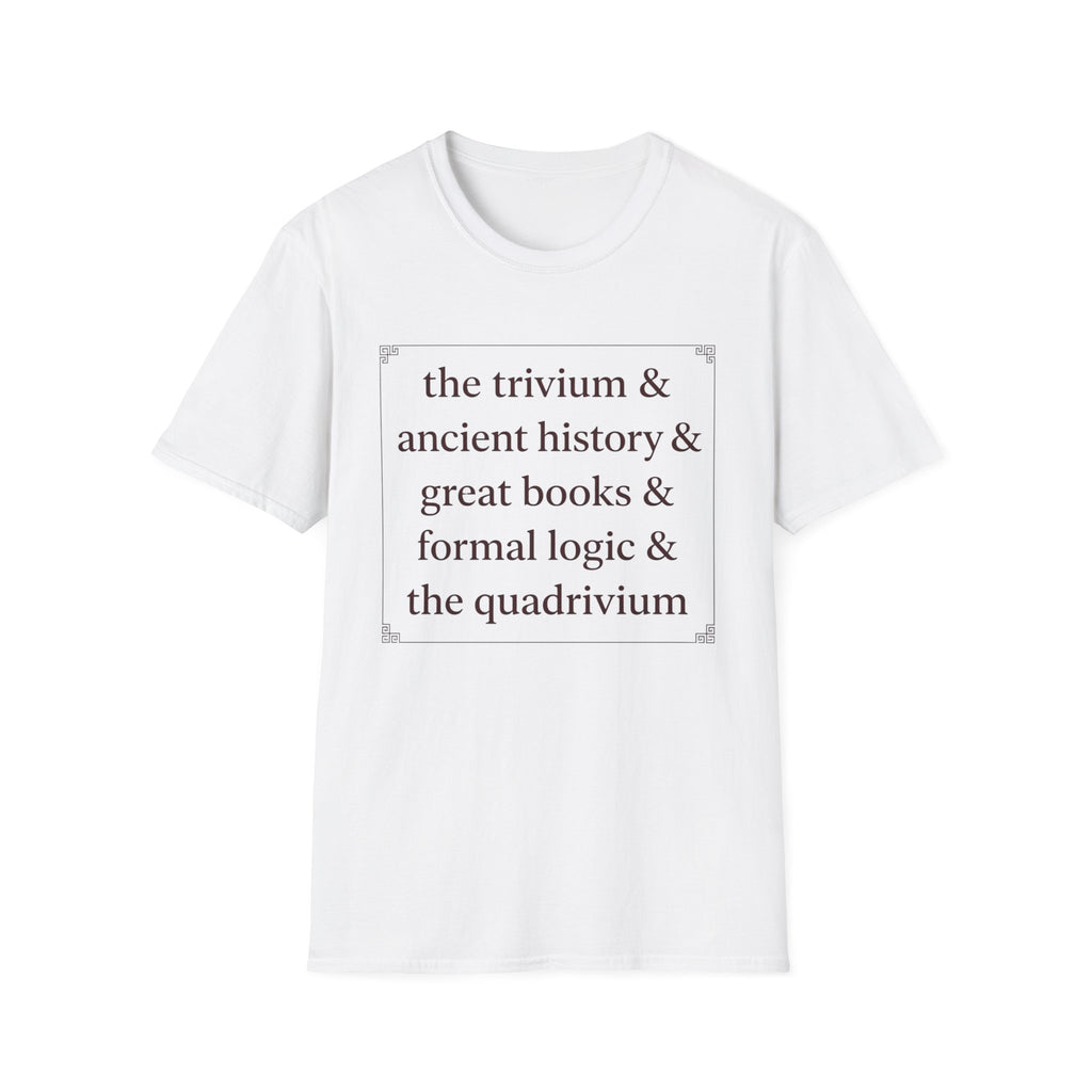 Trivium Check List homeschool mom graphic t-shirt with a playful checklist-style homeschool graphic with bookish and nature-inspired details