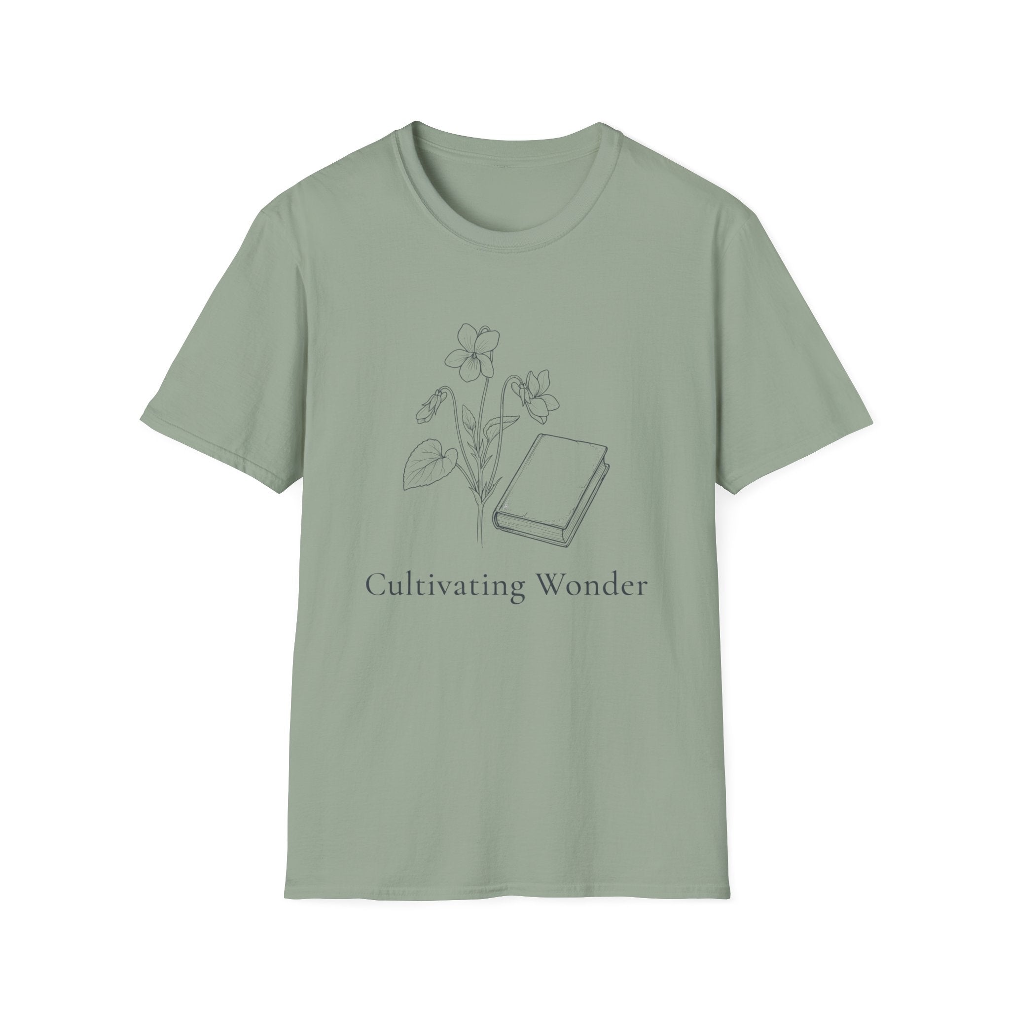 Cultivating Wonder with Flowers homeschool mom graphic t-shirt with a Charlotte Mason-inspired design with books, nature details, and vintage homeschool charm