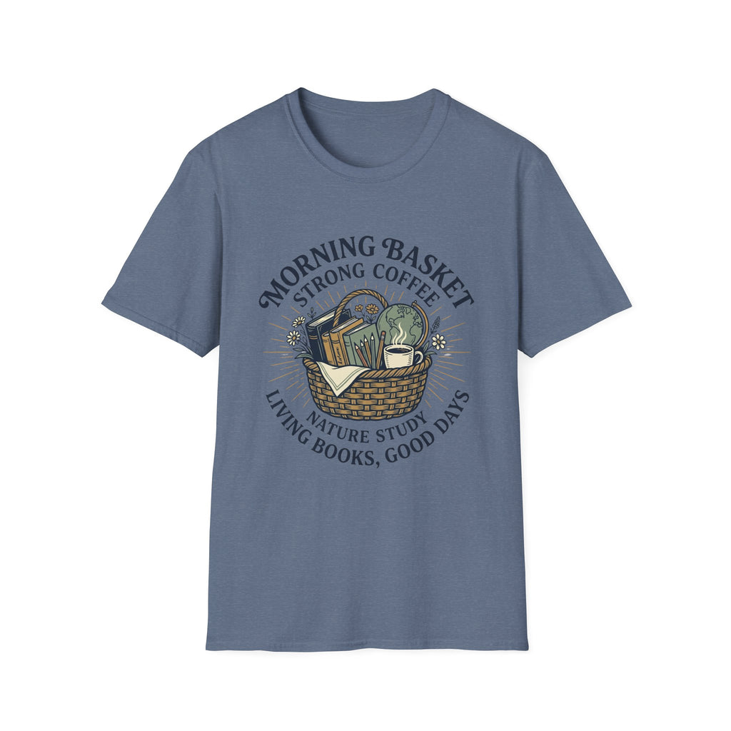 Morning Basket Strong Coffee homeschool mom graphic t-shirt with a cozy morning basket-inspired design with books, gentle details, and home learning charm