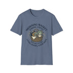 Morning Basket Strong Coffee homeschool mom graphic t-shirt with a cozy morning basket-inspired design with books, gentle details, and home learning charm