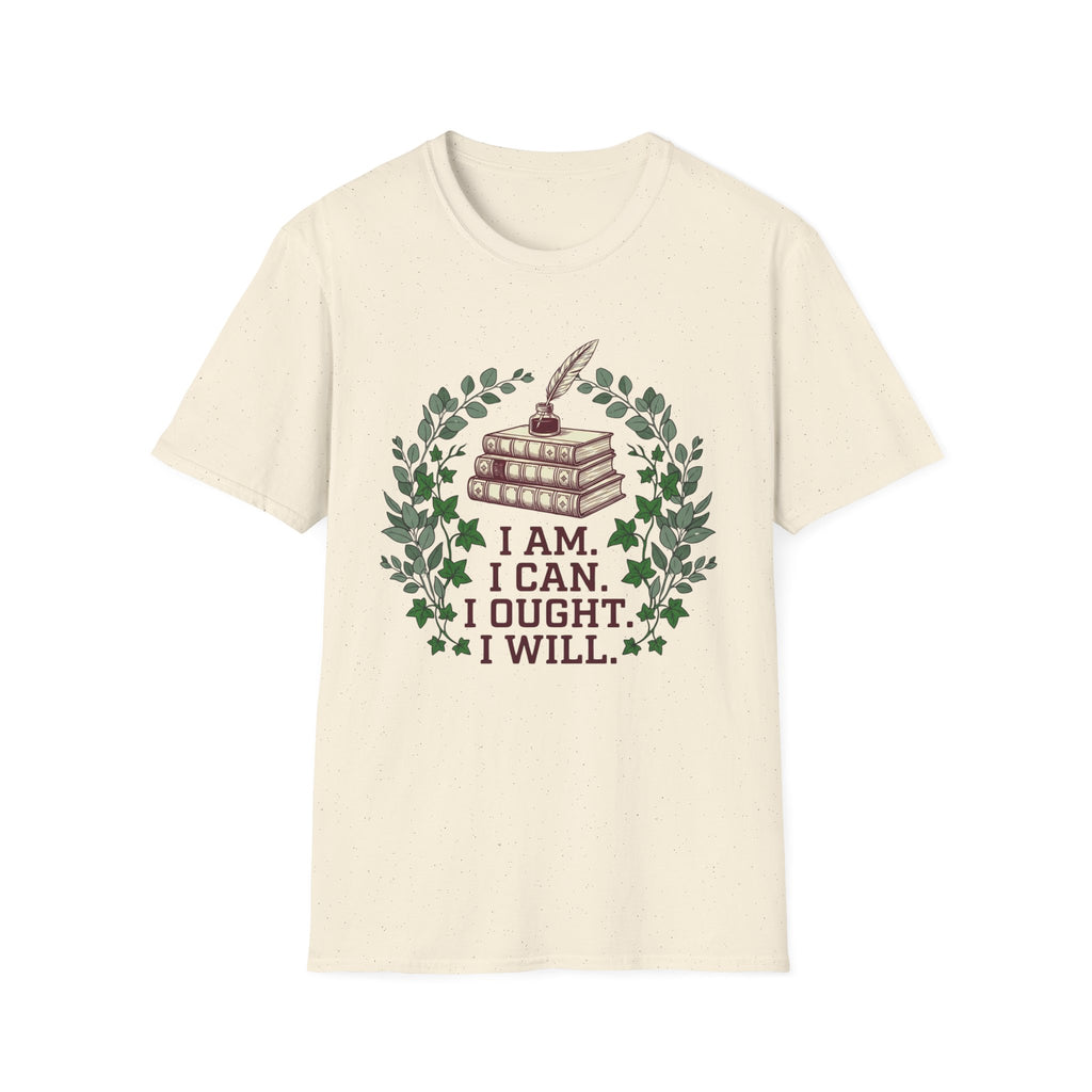 I Can I Am I Ought I Will homeschool mom graphic t-shirt with a Charlotte Mason-inspired design with nature details, bookish elements, and classic homeschool lettering