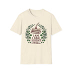 I Can I Am I Ought I Will homeschool mom graphic t-shirt with a Charlotte Mason-inspired design with nature details, bookish elements, and classic homeschool lettering