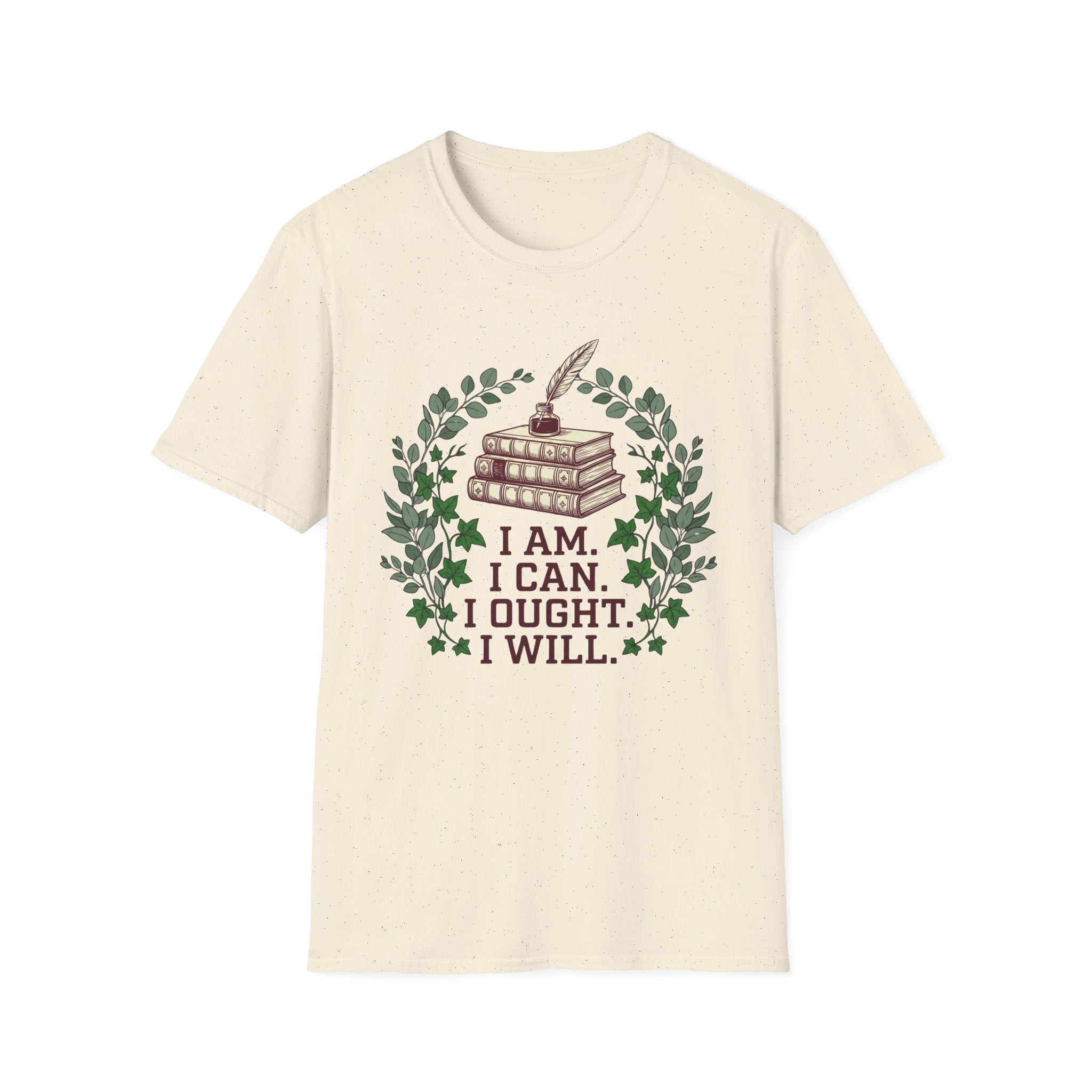 I Can I Am I Ought I Will homeschool mom graphic t-shirt with a Charlotte Mason-inspired design with nature details, bookish elements, and classic homeschool lettering
