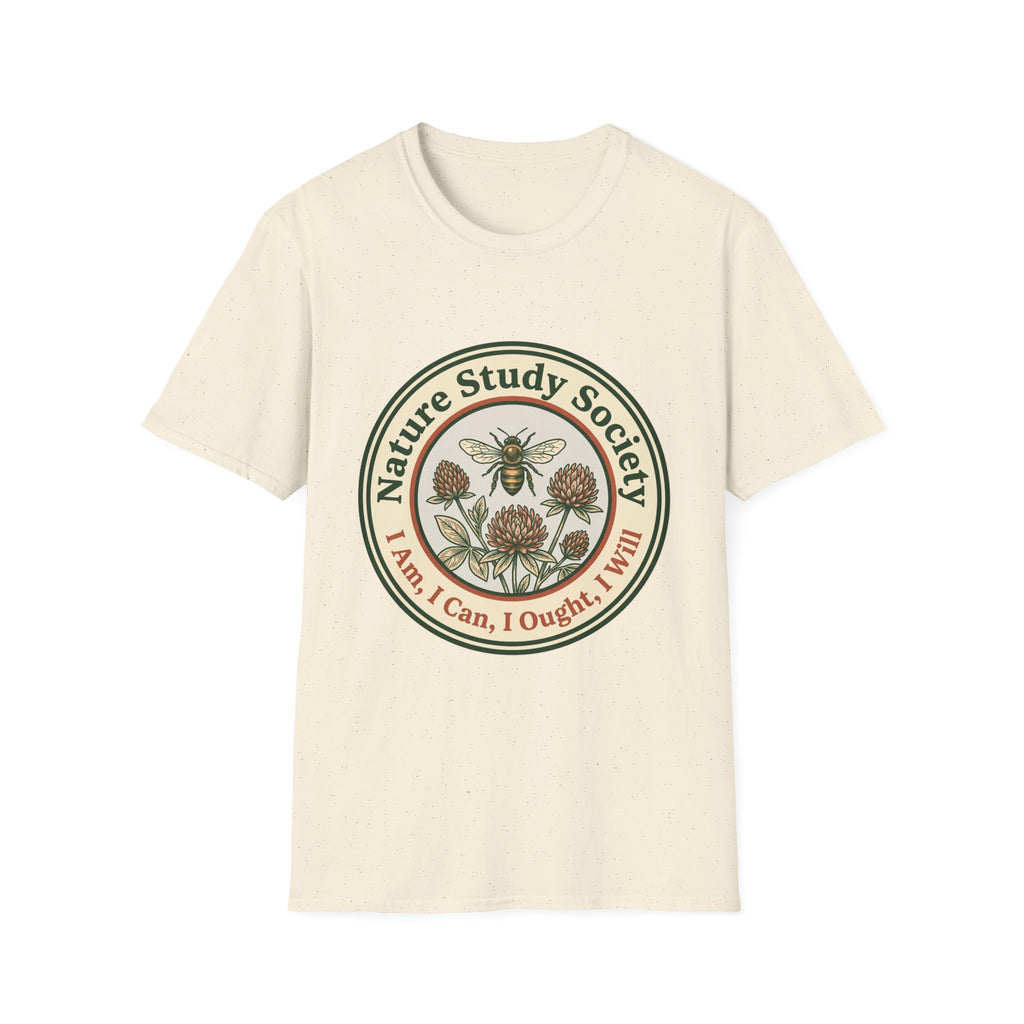 Nature Study Society homeschool mom graphic t-shirt with a Charlotte Mason-inspired design with books, nature details, and vintage homeschool charm