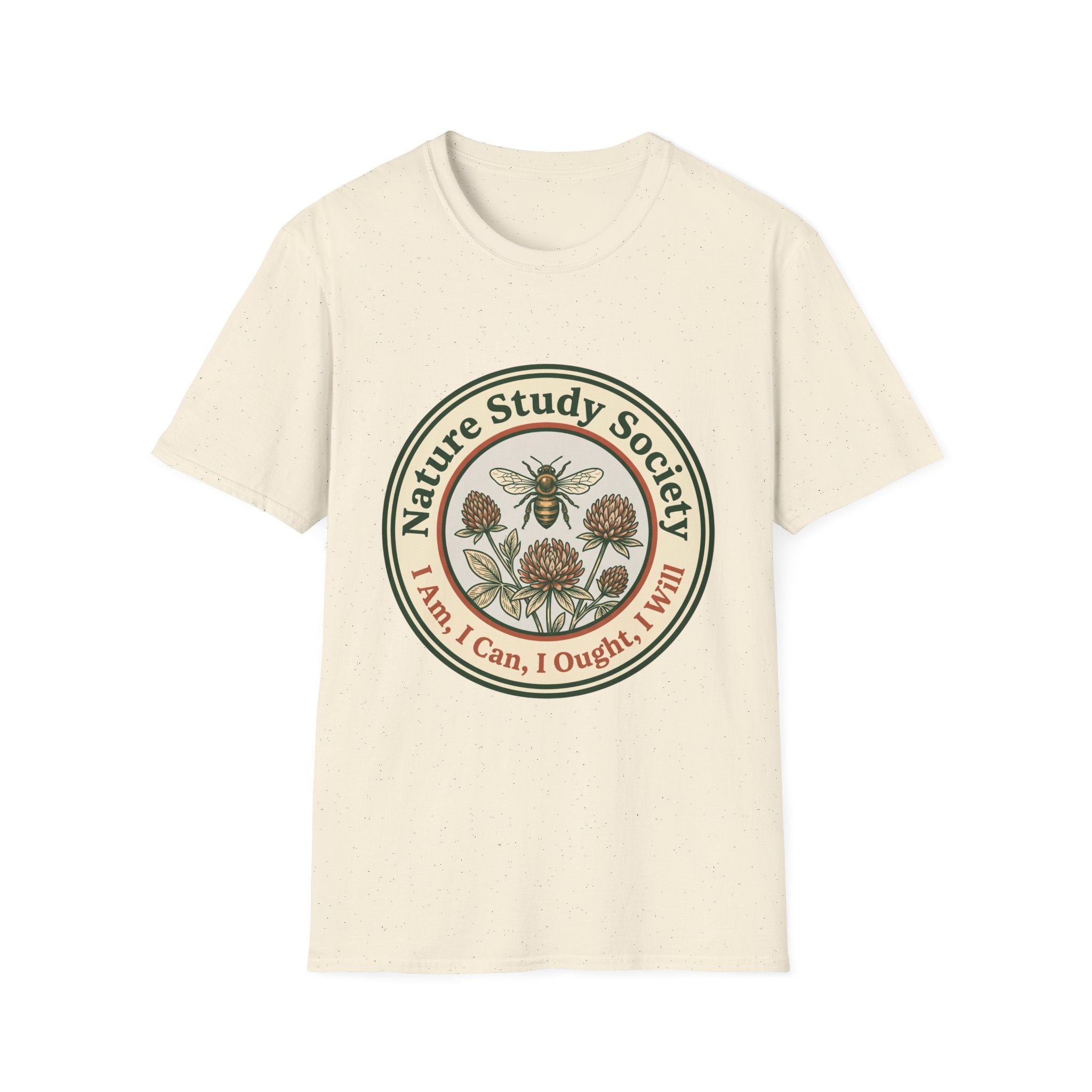 Nature Study Society homeschool mom graphic t-shirt with a Charlotte Mason-inspired design with books, nature details, and vintage homeschool charm
