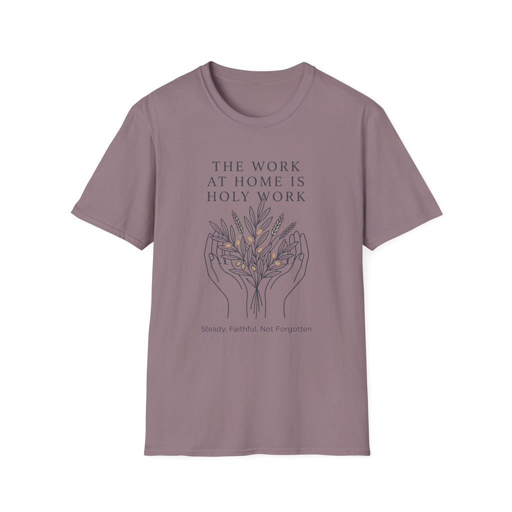 Steady, Faithful, Not Forgotten homeschool mom graphic t-shirt with a faith-filled homeschool design with gentle lettering and classic illustrative details