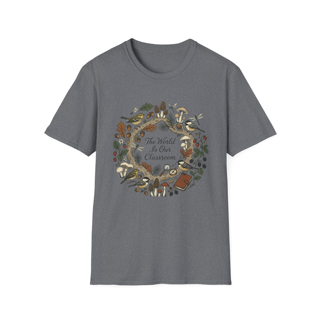 The World Is Our Classroom homeschool mom graphic t-shirt with an adventurous homeschool graphic with nature, books, and outdoor learning energy