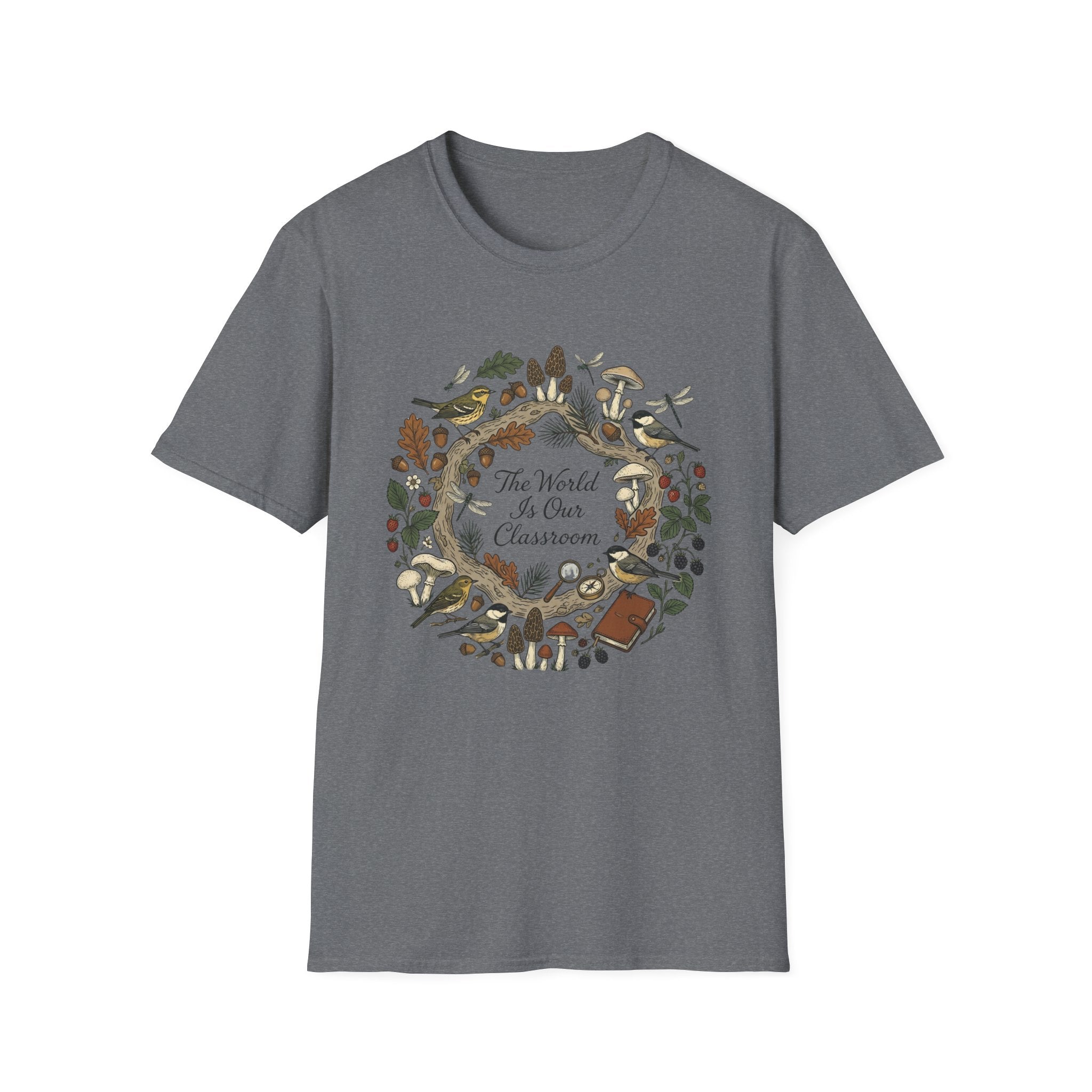 The World Is Our Classroom homeschool mom graphic t-shirt with an adventurous homeschool graphic with nature, books, and outdoor learning energy