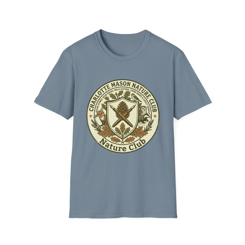 Charlotte Mason Nature Club homeschool mom graphic t-shirt with a Charlotte Mason-inspired design with books, nature details, and vintage homeschool charm