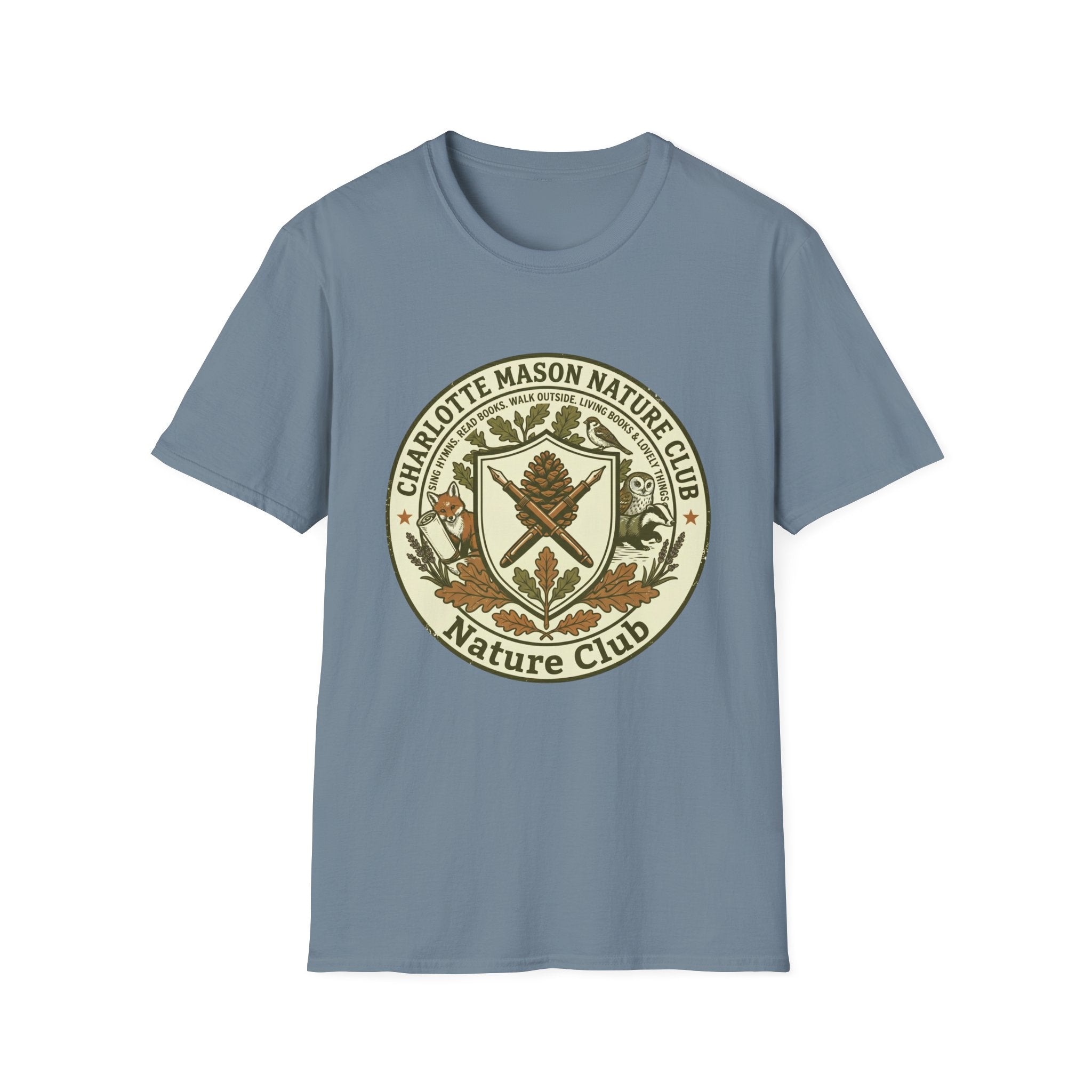Charlotte Mason Nature Club homeschool mom graphic t-shirt with a Charlotte Mason-inspired design with books, nature details, and vintage homeschool charm