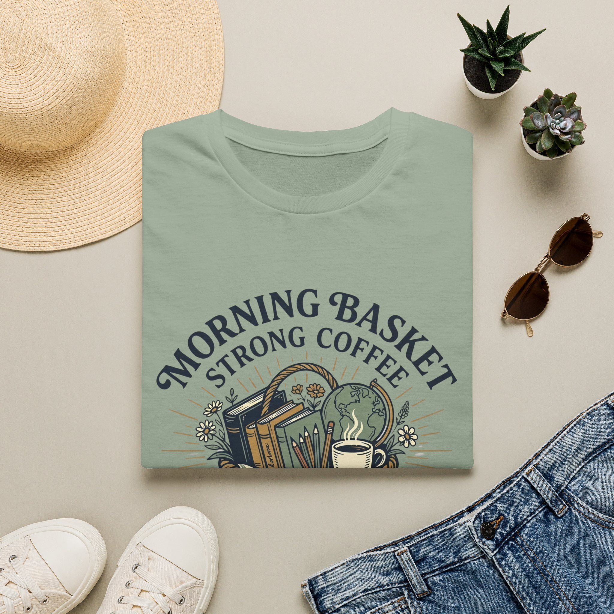 Morning Basket Strong Coffee homeschool mom graphic t-shirt with a cozy morning basket-inspired design with books, gentle details, and home learning charm