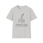 Morning Time & Living Books homeschool mom graphic t-shirt with a Charlotte Mason-inspired design with books, nature details, and vintage homeschool charm