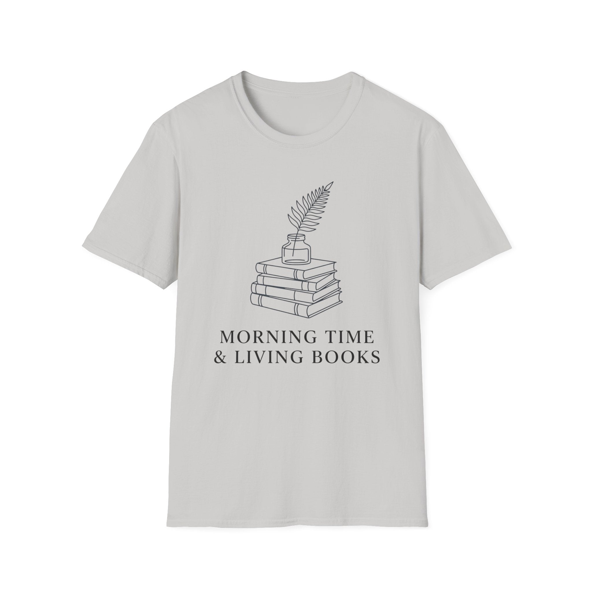 Morning Time & Living Books homeschool mom graphic t-shirt with a Charlotte Mason-inspired design with books, nature details, and vintage homeschool charm