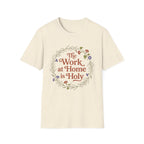Holy Work homeschool mom graphic t-shirt with a faith-filled homeschool design with gentle lettering and classic illustrative details