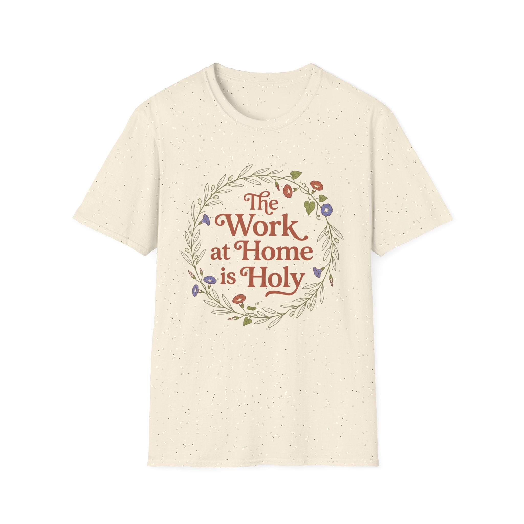 Holy Work homeschool mom graphic t-shirt with a faith-filled homeschool design with gentle lettering and classic illustrative details