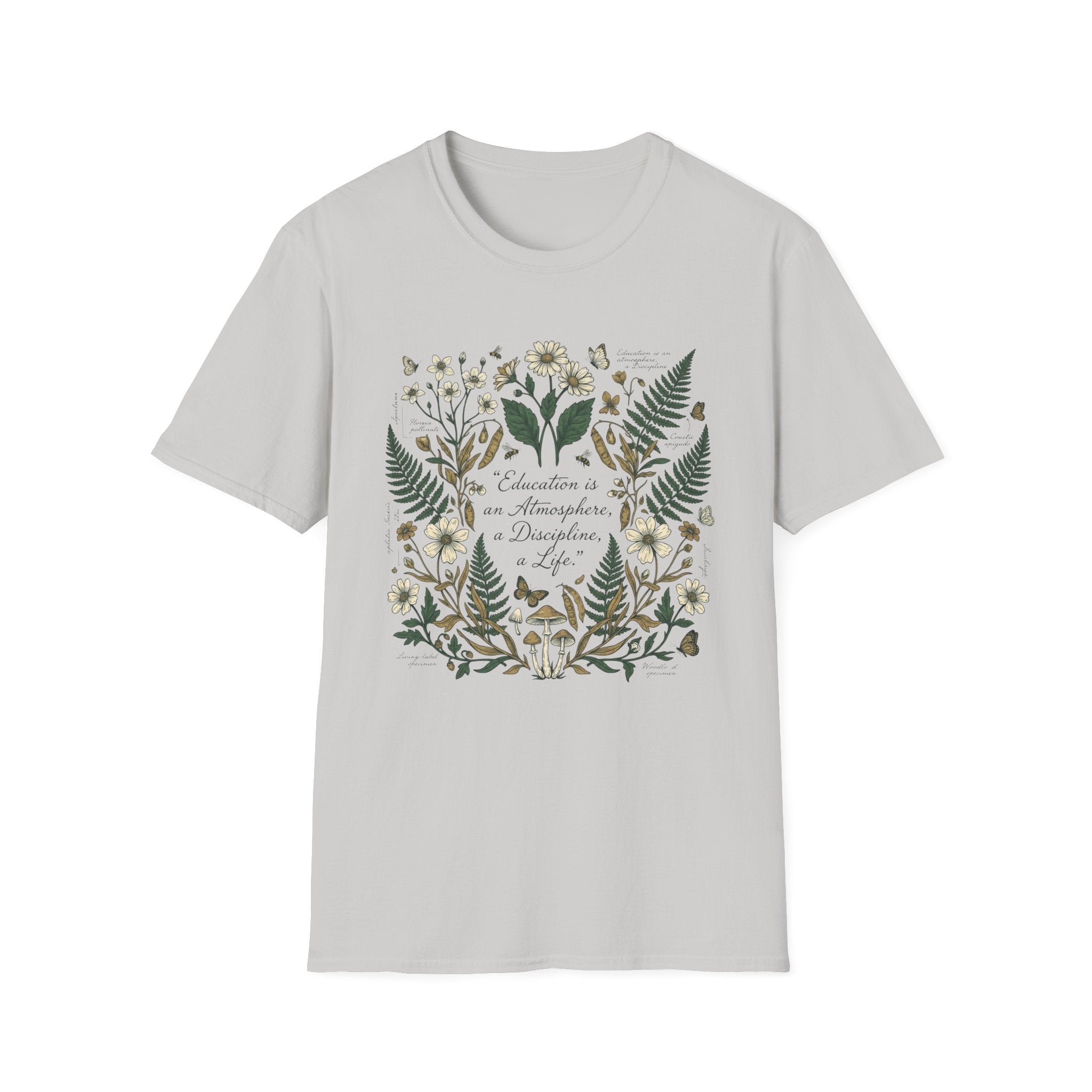 Education Is homeschool mom graphic t-shirt with a Charlotte Mason-inspired design with books, nature details, and vintage homeschool charm