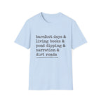 Barefoot Days Check List homeschool mom graphic t-shirt with a playful checklist-style homeschool graphic with bookish and nature-inspired details