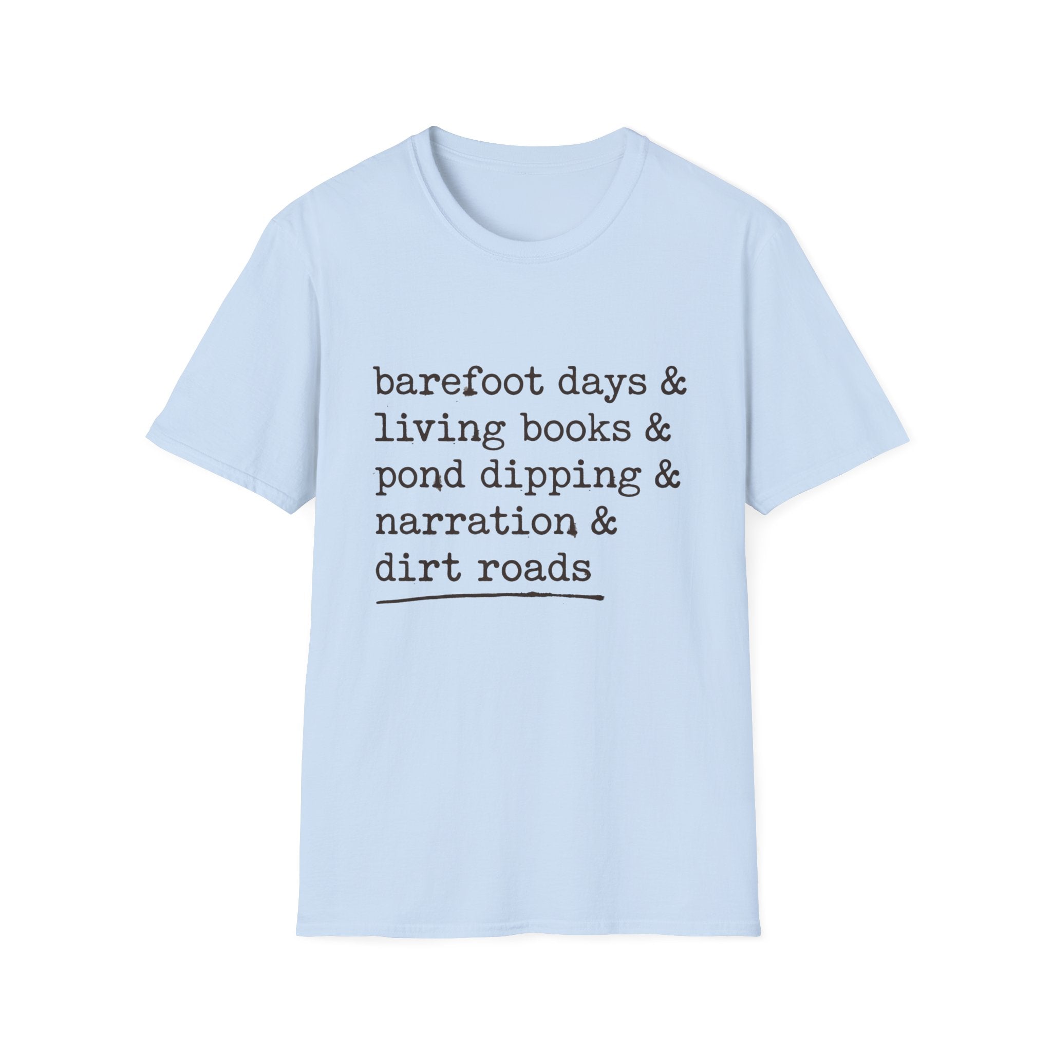 Barefoot Days Check List homeschool mom graphic t-shirt with a playful checklist-style homeschool graphic with bookish and nature-inspired details