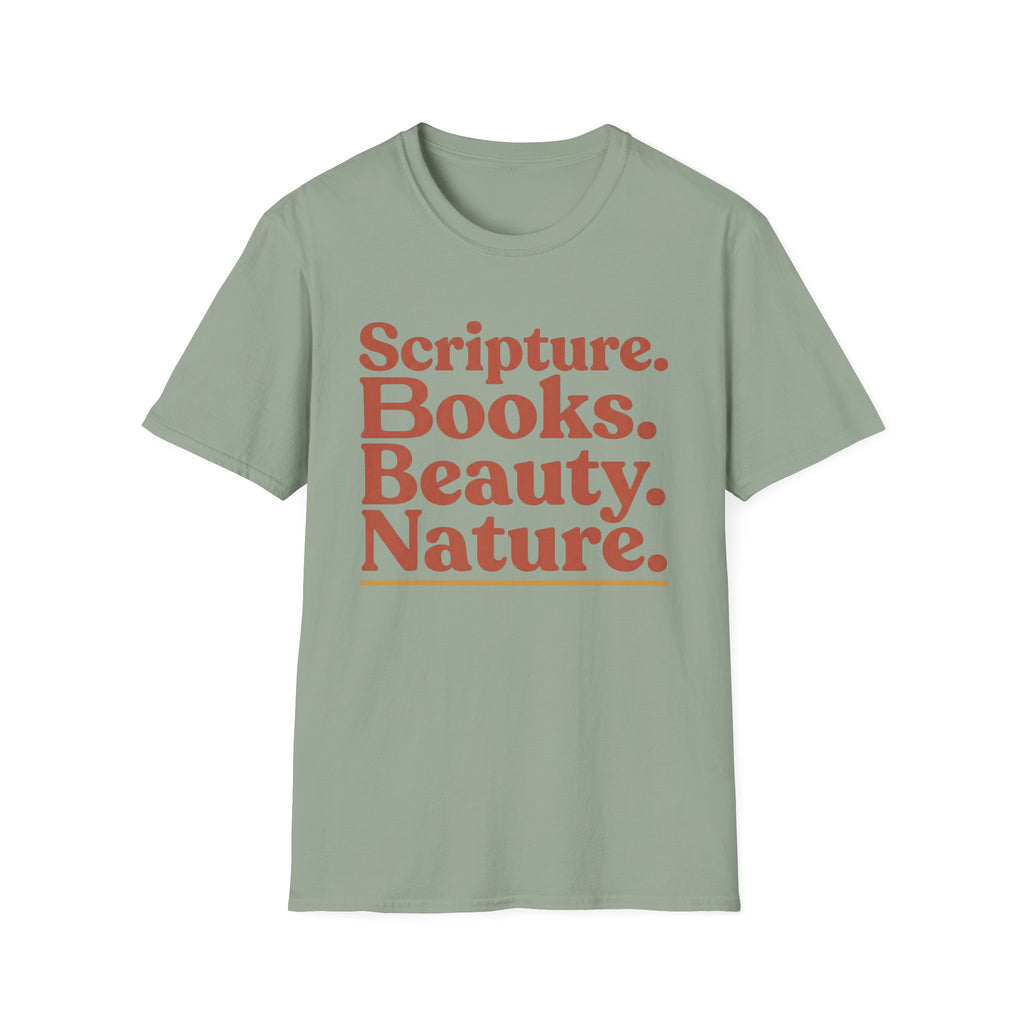 Scripture Books Beauty homeschool mom graphic t-shirt with a faith-filled homeschool design with gentle lettering and classic illustrative details