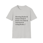 Living Books Check List homeschool mom graphic t-shirt with a playful checklist-style homeschool graphic with bookish and nature-inspired details